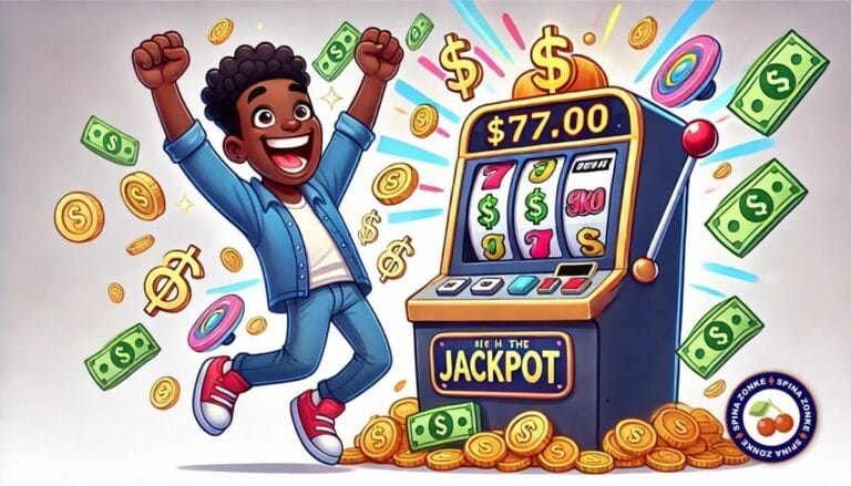 A cartoon style image depicting a man hitting a jackpot on a slot game with good RTP and high variance.