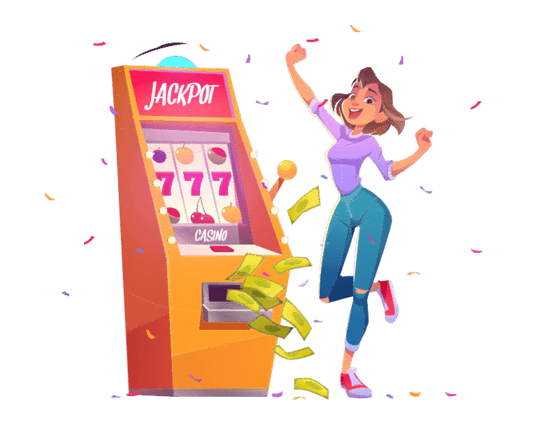 Image showing a young lady hitting a jackpot on a slot machine with a good return to player or RTP percentage.