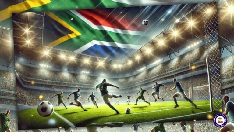 An AI-generated image showing South African footballers playing in a stadium.