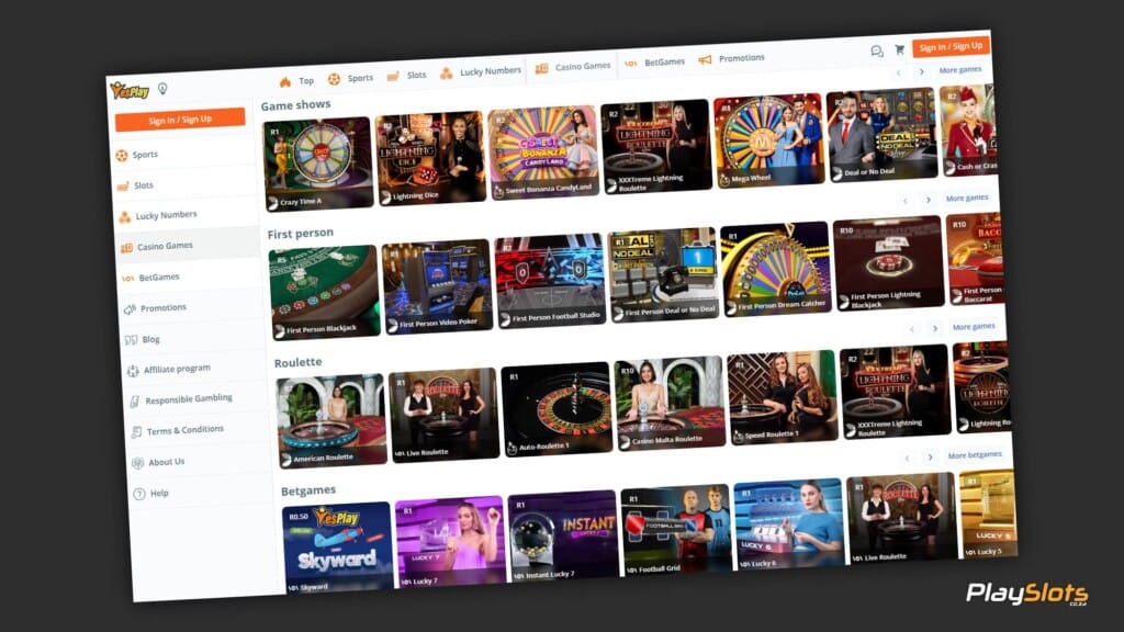 YesPlay casino game selection.