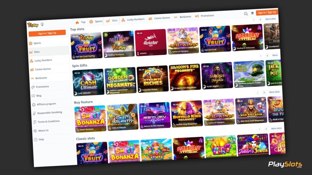 Yesplay slot game selection page.