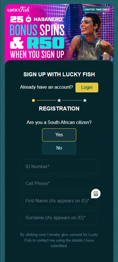 Lucky Fish sign up form on mobile.