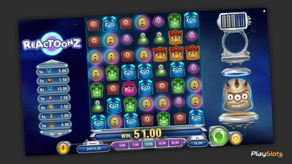 Reactoonz slot game layout.