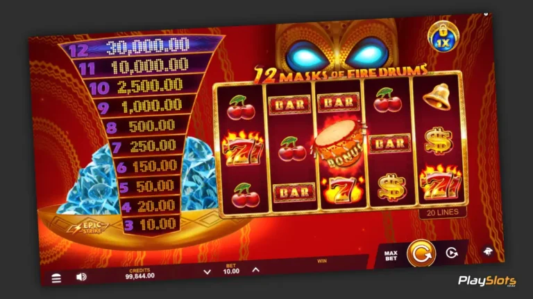 12 Masks of Fire Drums slot game layout.