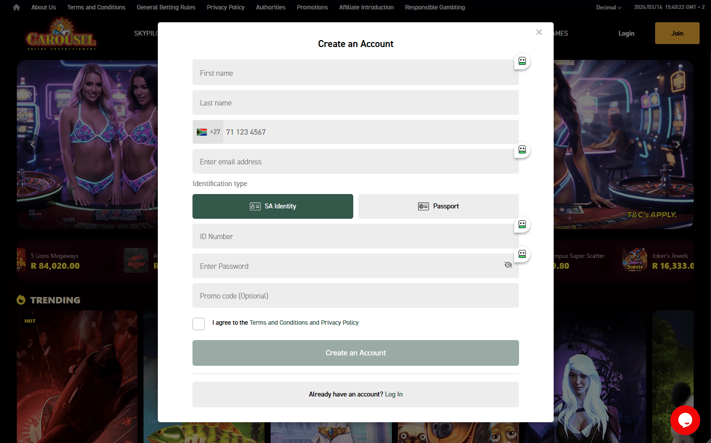 Carousel Casino sign-up form image.