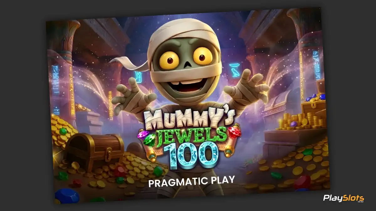 Mummy's Jewels 100 slot game intro image.