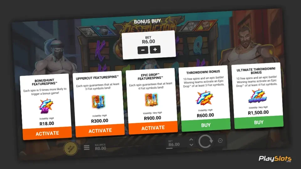 Fist of Destruction slot game bonus buy options.